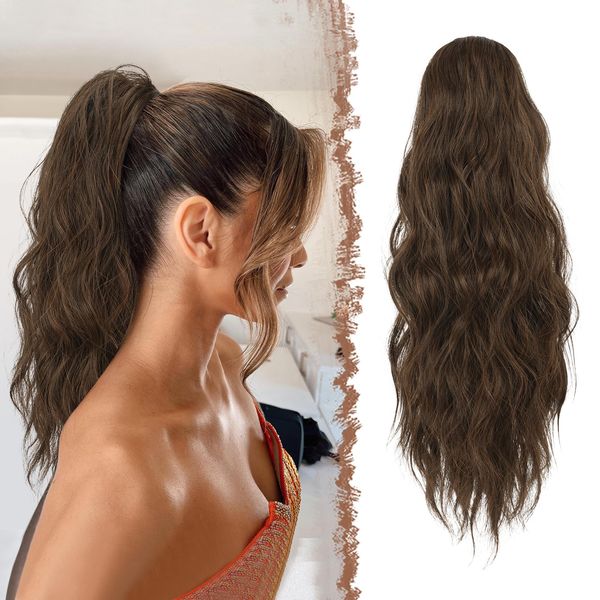 FESHFEN Pferdeschwanz Haarteil mit Kordelzug, 45 cm Wellen Zopf Pferdeschwanz Verlängerung Haare Extension Synthetik Lang Wellig Haarverlängerung für Damen, Braun und hellkastanienbraun gemischt