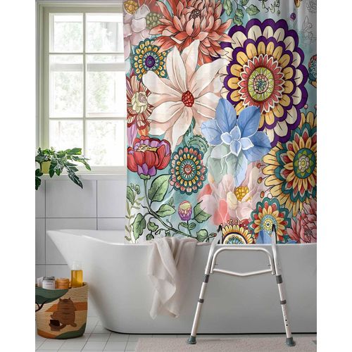 Promumeleft Colorful Spring Floral Split Shower Curtain for Transfer Bench, Modern Abstract Art 72 Inch Shower Curtains for Bathroom, Pastoral Flowers Waterproof Fabric Shower Curtain Set, 72 W x 72 H