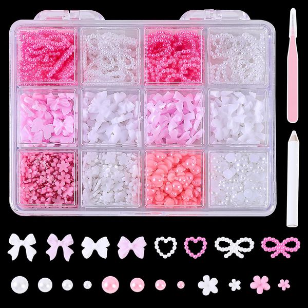 Generic 1200 Pcs Nail Charms and Gems Set, Acrylic Cute Pink White Bows Heart 3D Flowers for Nails Jewels, 2-4mm Flatback Pearls Nail Charms with Pickup Tools for Kawaii Nail Art DIY Decoration