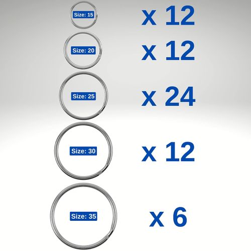 Key Rings Set with Various Sizes, 66 Pieces, Made of Hardened Metal, Silver, Diameter 15 mm, 20 mm, 25 mm, 30 mm, 35 mm Key Rings Key Ring, Key Ring Organisation, Split Rings