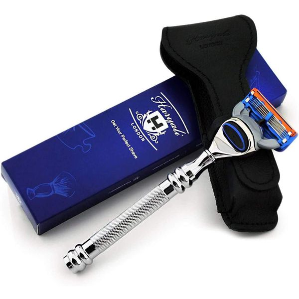 Premium Stainless Steel Shaving Razor & Genuine Leather Protective Case | Men's Wet Shaving Classics | Grooming Must-Have Perfect for Travel