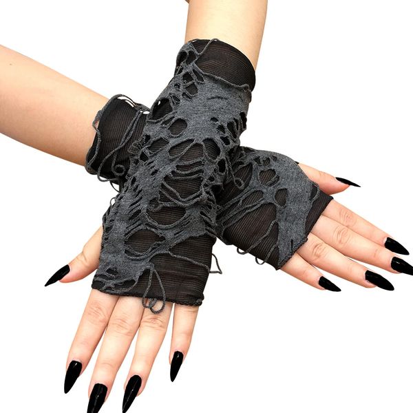 JISEN Women Punk Fingerless Gloves Ripped Cosplay Gothic Mittens for Halloween Costume Party E-Black