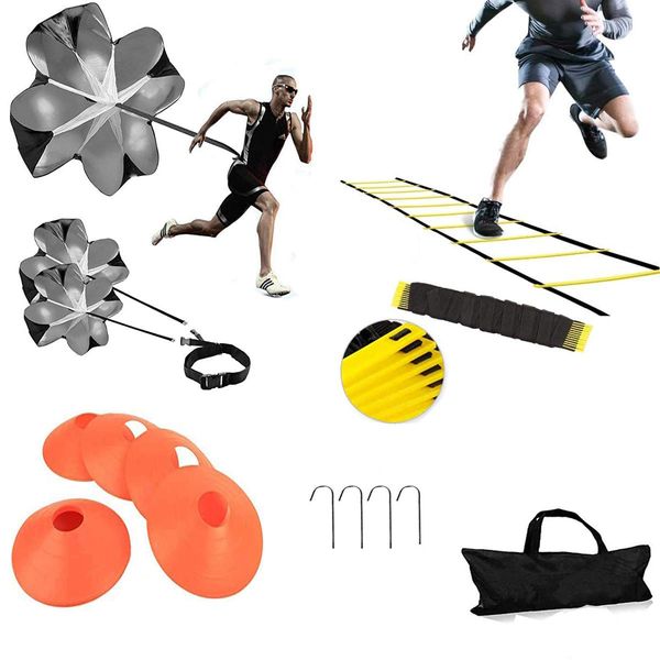 Speed Agility Training Kit-12 Rung 20Ft Agility Ladder, 5 Round Training Cones,Resistance Parachute, 4 metal Stakes & Carrying bag, football ladders for Faster Footwork and Better Movement Skills