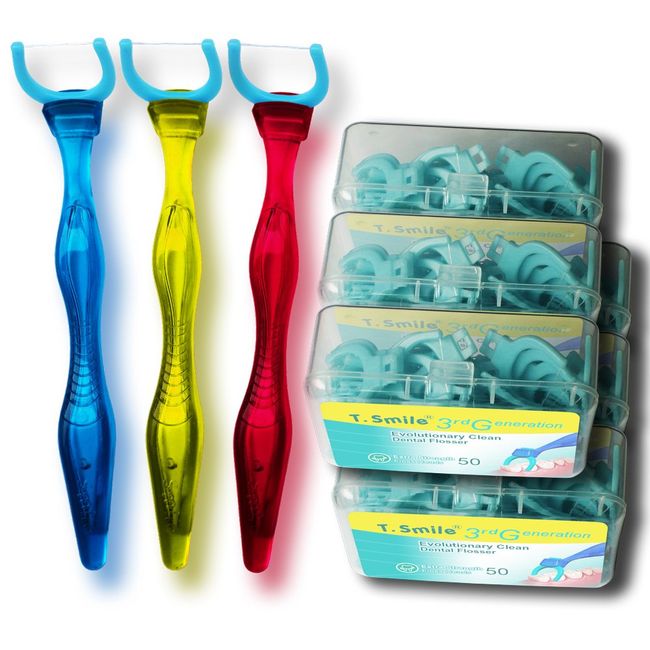 T.Smile Evolutionary Clean Dental Flossers, Kit of Handle(s) Plus Refillable Heads (3 Mid-Length Handles, +300 Extra Strength Refills)