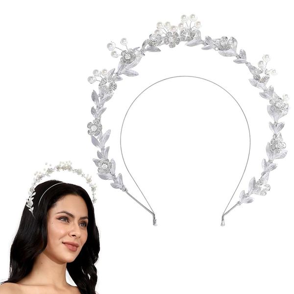 Barode Leaf Crown Headband Silver Pearl Bride Wedding Tiaras Rhinestone Layered Headpiece Flower Bridal Princess Angel Prom Headwear for Women