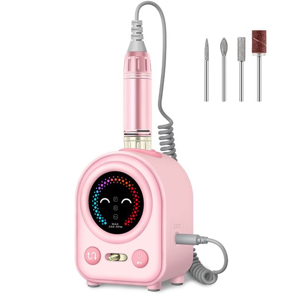 Madenia Electric Nail Drill 35000RPM Professional, Electric Gel Manicure Quiet Cute Portable e File for Acrylic Nails Gel, Adjustable Speed Electric Manicure and Pedicure Set with 4 Drill Bits, Pink