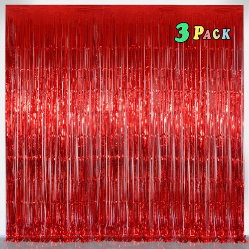Red Metallic Tinsel Foil Fringe Curtains，Melsan 3.2 x 8 ft Foil Curtian Tinsel Backdrop Party Supplies for Birthday, Engagement, Christmas, Birthday, Anniversary, Valentine's Day - 3 Packs