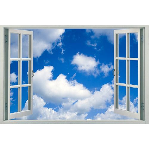 Walls 360 Peel and Stick Faux Window Wall Decal Happy Clouds in Blue Sky (24 in x 16 in)