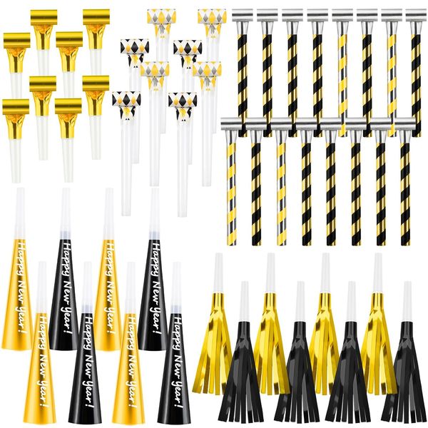 Demonwer 48 Pcs New Year Noisemaker Party Blowers Horns Noisemakers Set Musical Paper Noisemakers Glitter Fringed Metal Blowouts Colorful Noisemakers Whistles for New Years Eve Party Supplies