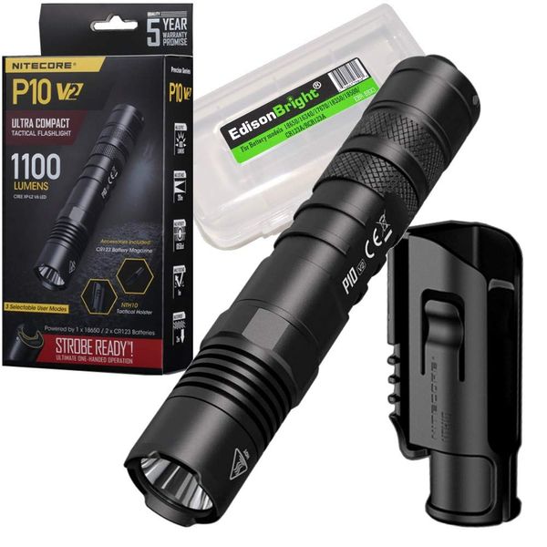 Nitecore P10 V2 1100 Lumen LED Tactical Flashlight with Hard Holster and EdisonBright Battery Carrying case