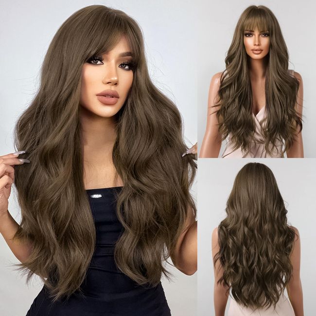 YOUGRACE Long Dark Brown Wig with Bangs Wavy Wigs for Women,26 Inch Synthetic Hair Wig for Daily Party Use