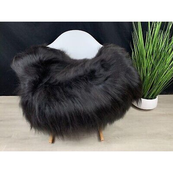 Luxurious Genuine Sheepskin Rug: Natural Black, Long Soft Wool Perfect Pet Bed