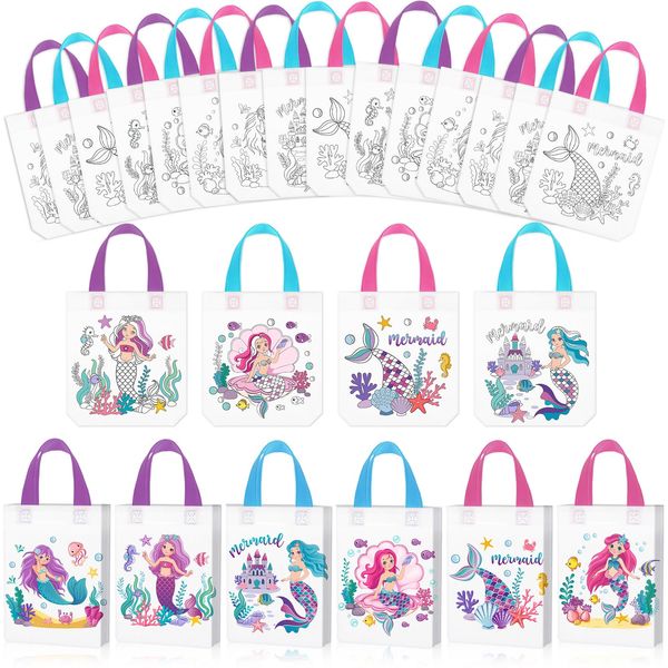 Kajaia 24 Pcs Mermaid Coloring Bags Mermaid Party Favor Bags Reusable Mermaid Coloring Goodie Bags Mermaid Party Non Woven Tote Bags for Mermaid Under the Sea Birthday Party Supplies