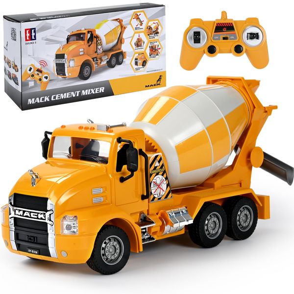 DOUBLE E Mack Licensed RC Cement Mixer Toy Truck, Rechargeable 360 Degree Stirring Construction Toys Vehicles with Lights, Birthday/Xmas Gifts Ideas for 6-10+ Year Old Boys