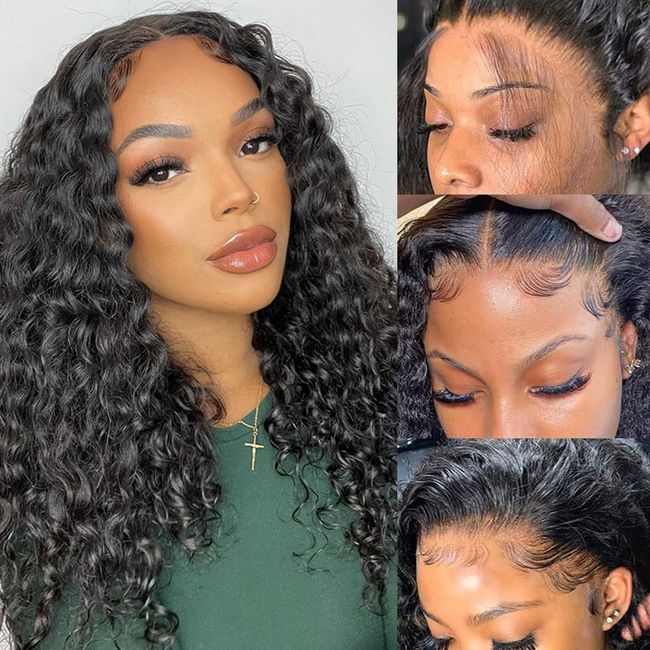 ZIYU 20 Inch Deep Wave Lace Front Wigs Human Hair 13x4 Lace Frontal Curly Wig for Women Human Hair 150% Density Glueless Wigs Human Hair Pre Plucked with Baby Hair Natural Black