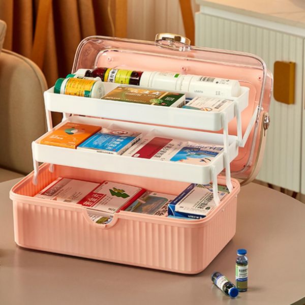 Medicine Box, 3 Tiers, Foldable, First Aid Kit, With Handle, Clear Lid, First Aid Box, Portable, Dample, Pill Case, Medicine Box, Safe To Keep Your Medicines, Bandages, Thermometers, Etc., Disasters, First Aid Box, For Children, Students, Home Use