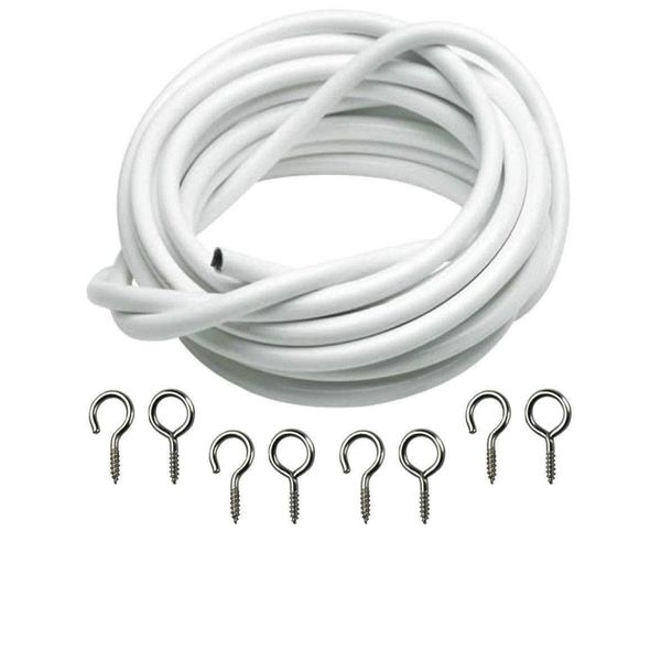 Net Curtain Wire Various Lengths with Screw Hooks and Eyes White Cable Window (5m)