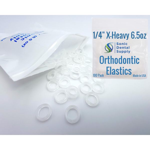 1/4 Inch Orthodontic Elastic Rubber Bands - 100 Pack - Clear Latex Free, X- Heavy 6.5 Ounce Small Rubberbands, Braces, Dreadlocks Hair Braids, Teeth Gap, Packaging, Crafts - Sonic Dental - Made in USA