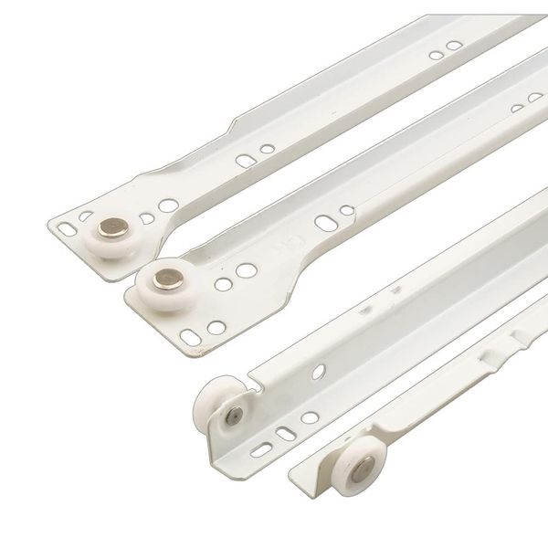 Prime-Line R 7210 Drawer Slide Kit – Replace Drawer Track Hardware – Self-Closing Design –Fits Most Bottom/ Side-Mounted Drawer Systems –15-3/4 In. Steel Tracks, Plastic Wheels, White (1 Pair)