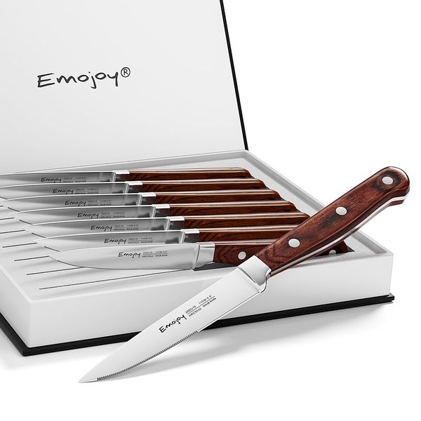 Emojoy Steak Knives, Steak Knife Set of 8, Highly Resistant and Durable German Stainless Steel Serrated Steak Knives with Gift Box