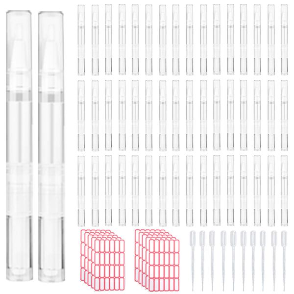 50 Pack 3 ML Transparent Twist Pens 10 Pcs dropper Empty Cuticle Nail Oil Pen Nail Applicators with Brush Tip Cosmetic Lip Gloss Containers Applicators with 10 labels Eyelash Growth Liquid Tube