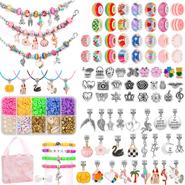 Charm Bracelet Making Kit, 86 Pcs DIY Jewelry Making Charms Kit for wome, 250 Pcs Clay Beads for Bracelet Making, Jewelry Making Supplies with Beads, Pendant, Bracelets, Necklace Cords for Teen