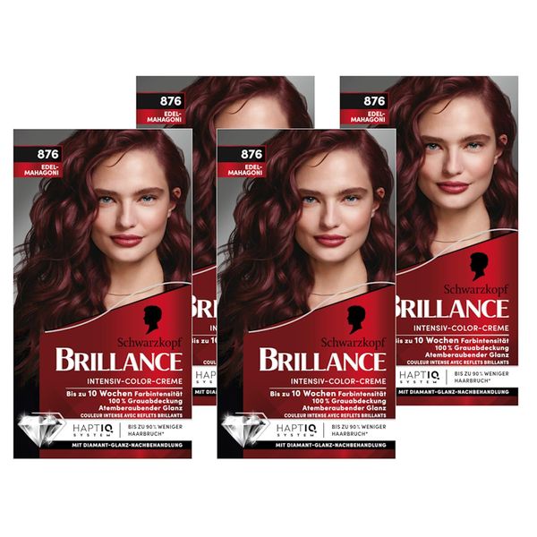 Brillance Intensiv-Color-Creme 876 Edelmahagoni (4x 160 ml), dauerhafte Haarfarbe mit Diamant-Glanz und Pflege-Conditioner, für 10 Wochen Farbintensität