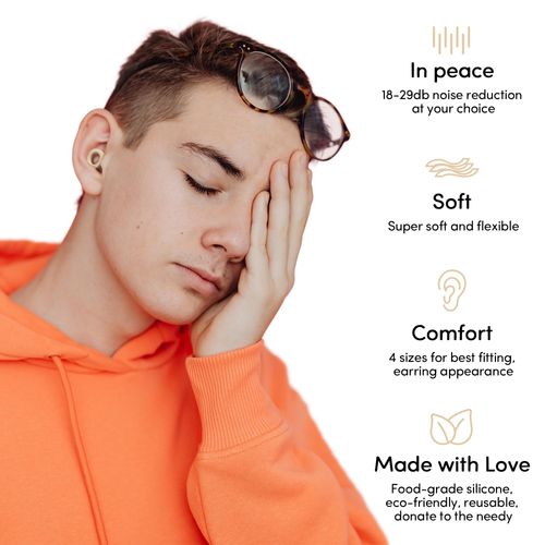 Audree Soft Ear Plugs for Noise Reduction, Reusable Flexible Earplugs for Sleep, Travelling, Focus, Study & Noise Sensitivity, 28dB Noise Cancelling, 8 Silicone Ear Tips in XS/S/M/L, Beige
