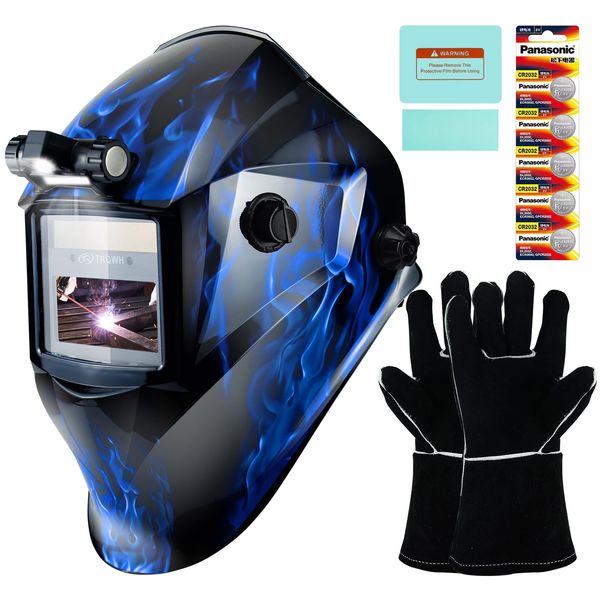 TRQWH Welding Helmet Auto Darkening with Light Welding Hood True Color 1/1/1/2 Top Optical Clarity Welding Mask 2 Arc Sensor Wide Shade 9-13 Welder Helmet with Grinding, Compatible with Cheater lens