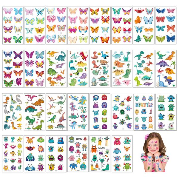 AOT Temporary Tattoos for Kids, 30 Sheets Waterproof Cartoon Cute Fake Tattoos, Dinosaur Monster Butterfly Tattoo Sticker for Boy Girl Birthday Gift Party Favors Supplies