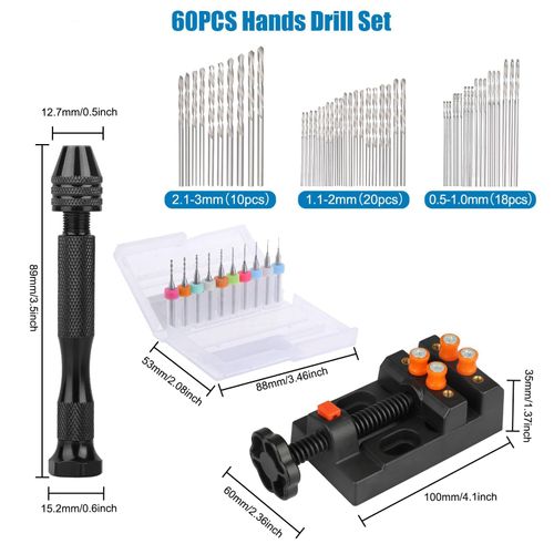 Linkstyle 60PCS Hand Drill Bits Set, Precision Pin Vise with Micro Mini Twist Manual Hand Drill Bit for Hobby Craft Model Making DIY