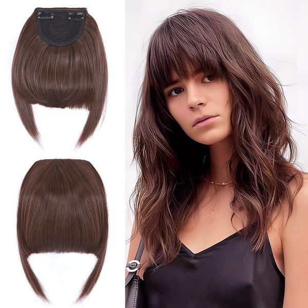 Elailite Pony Haarteil Echthaar Clip in Bangs One Piece Extensions Fringe natürlich Verlängerung 2 Clips # Dunkelkupferbraun