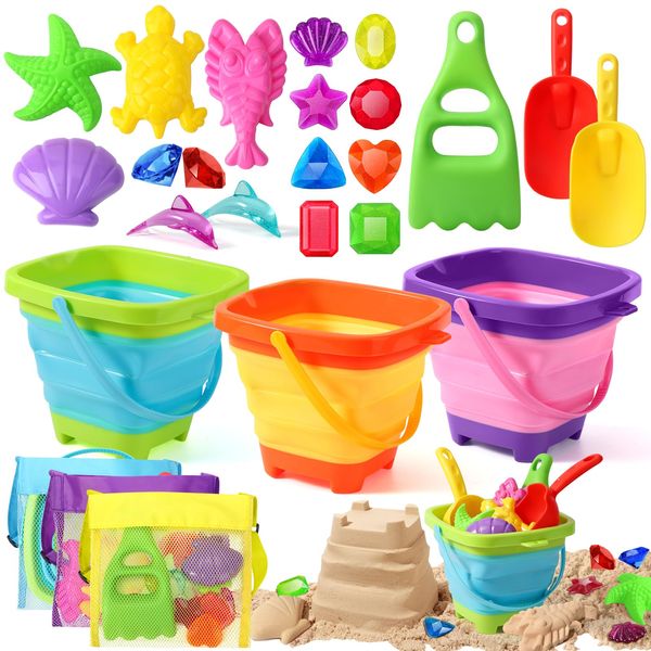 hatisan 35pcs Beach Toys for Kids Sand Toys Set Includes Collapsible Sand Bucket Shovel and Gem with Underwater Treasure Pirate Chest Box for Summer Beach, Sandbox Toys with Waterproof Mesh Bag