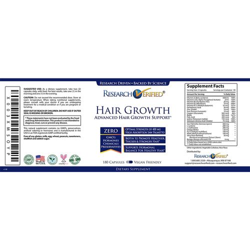 Research Verified Hair Growth Support - with Biotin, DHT Blockers & Vitamins - Hair Growth and Hair Loss Prevention - 180 Capsules - 3 Month Supply