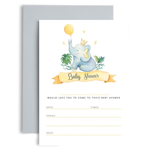 Huxters Baby Shower invitations 10 pack of Grey and Yellow Watercolour design for boy or girl - Ready to write invitations with Pale Grey Envelopes