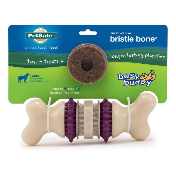 PetSafe Busy Buddy Bristle Bone - Treat-Holding Toy for Dogs - Treat Rings Included - Treats Thoroughly Mixed During Bake to Prevent Choking - Rigorously Tested Ingredients - Purple, Large