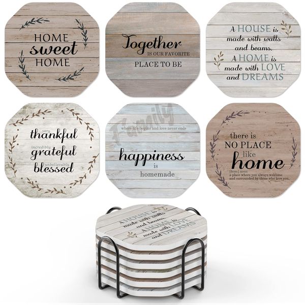 UMIRRO Rustic Farmhouse Coasters for Coffee Table Decor, Ceramic Coaster Set with Holder for Wooden Table, Cute Cup Coasters for Drinks Absorbent, Housewarming Gifts for New House/Home, 4", 6 Pack