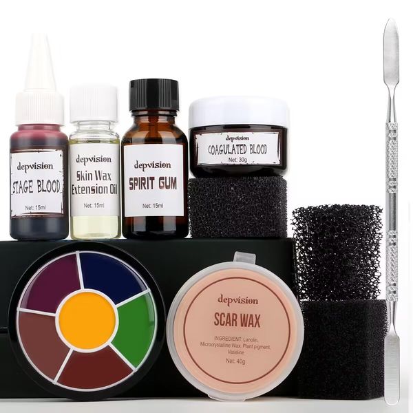 Depvision SFX Makeup Kit - Scar Wax with Spatula, Extension Oil,Scab Blood, SFX Sponges,Fake Blood, 6 Color Oil Based Face Paint Bruise Wheel for Special Effects,Halloween and Theatrical Makeup…