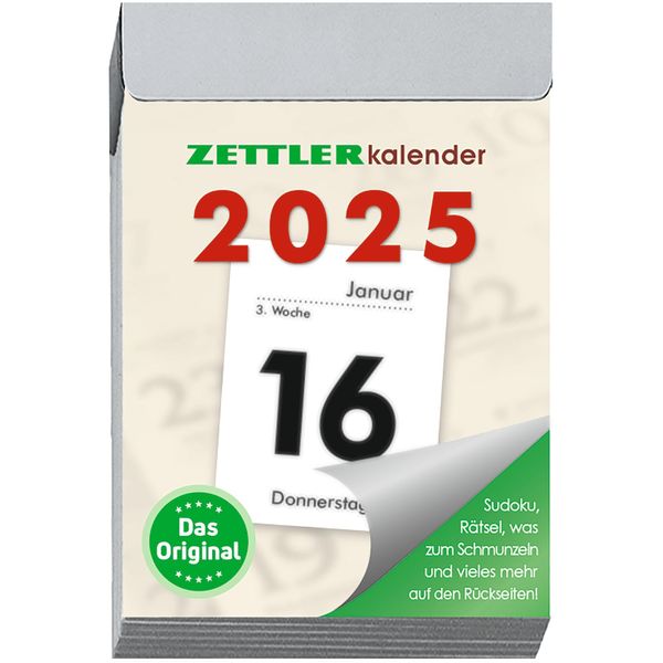 Zettler - Tagesabreißkalender 2025 S, 4,1x5,9cm, Abreißkalender mit Sudokus, Sonnen- und Mondzeiten, Namenstage, hellgraue Patentklammer, mit Aufhängung und deutsches Kalendarium