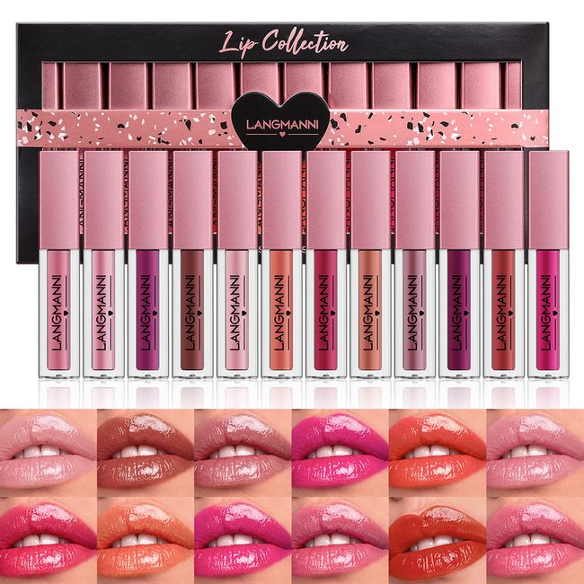 Domality 12pcs Glossy Lip Gloss Set, 12 Colors Moisturizing Nourishing Creamy Plumping Liquid Lipstick, Shinny Mirror Lip Glaze for Dry Lips