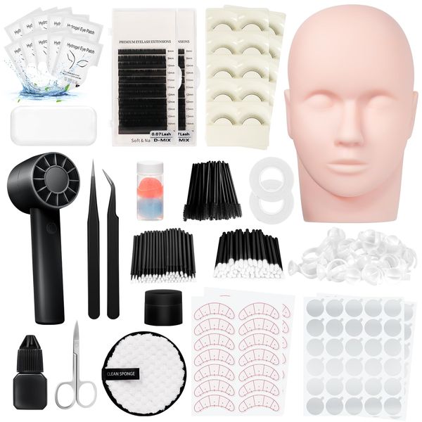 Shmian Professional Lash Extension Practice Kit for Beginners, EyeLash Extension Kit with Everything-Mannequin Head, Handheld Lash Fan, Eye Lashes Glue & Remover, Lash Kits for Eyelash Extensions