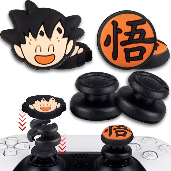 PlayRealm NO Falling Off Thumbstick Extender x 2 & Thumb Grip x 4 for PS5 & PS4 Controller (Goku)