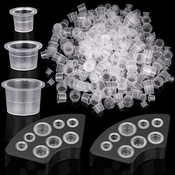 YESLUSY 300pcs Tattoo Farbkappen Cups, Tattoo-Tintenbecher mit 2 Cups Halterungen, Kunststoff Tattoo Ink Caps für Tattoo Zubehör Pigment (100 große 100 mittlere 100 kleine, weiß)