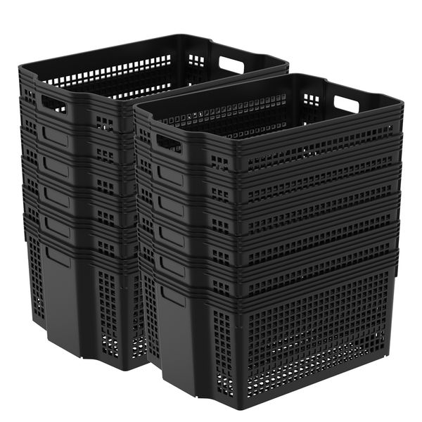 Cand 12-Pack Large Storage Basket, Stacking Plastic Rectangle Storage Bin, Black