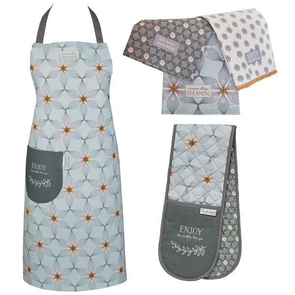 Cooksmart 5 Piece Apron, Double Oven Gloves & Tea Towels Set | Set of Aprons, Tea Towel & Oven Gloves Double Perfect For Any Kitchen | Oven Glove, Kitchen Apron & Tea Towels For Kitchen - Purity