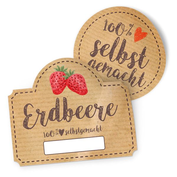 itenga Marmeladen Etikett Erdbeere Aufkleber 100% selbstgemacht Sticker braun selbstklebend für Marmelade Einmachgläser Geschenke - hochwertiges Papier - 10 Aufkleber rund und 10 Aufkleber rechteckig