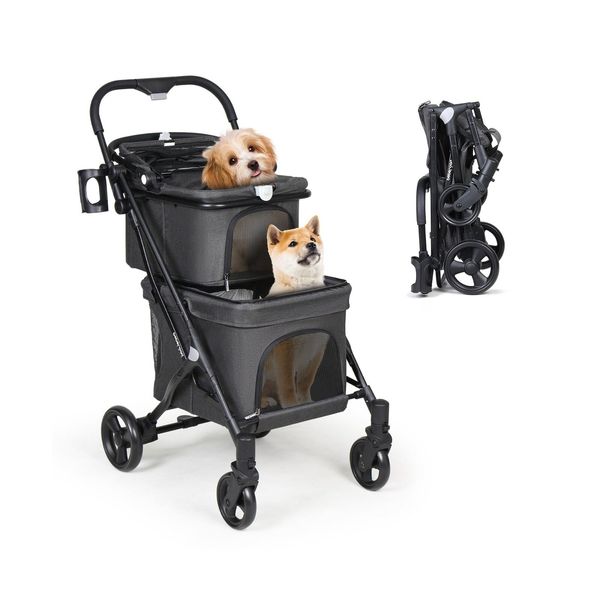 T1 Double Pet Stroller for 2 Small Dogs or Cats Lightweight Foldable Double D...