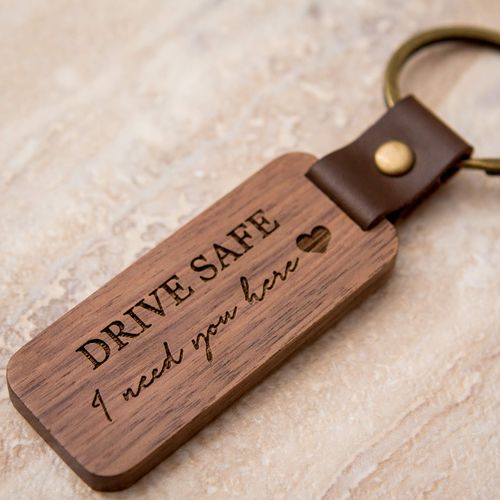 MUUJEE Engraved Wooden Keychain - Home Car Office Key Chain, 5th Year Wedding Anniv, New Driver Gift Ideas, Valentines Day Gift (Drive Safe)