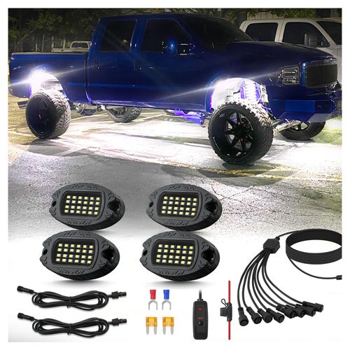 4Pods Pure White LED Men Rock Lights Kit with Switch Wiring Harness Extension Wire, 6500K 24LEDs Neon Underglow Light Fender Lights Waterproof for Trucks Jeep ATV UTV SUV SXS