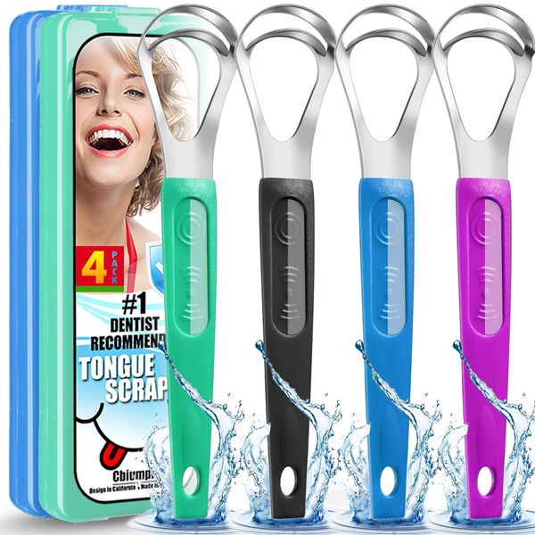 Tongue Scraper, 4 Pack Medical Grade Metal Stainless Steel Tongue Scraping Tools Kit with Dual Scraping Heads & Antiskid Grip Handle for Adults and Kids - with Case